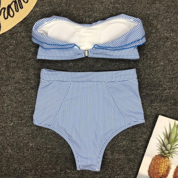 Blue Nautical Striped Ruffle High Waist Bikini - Picture 6 of 7
